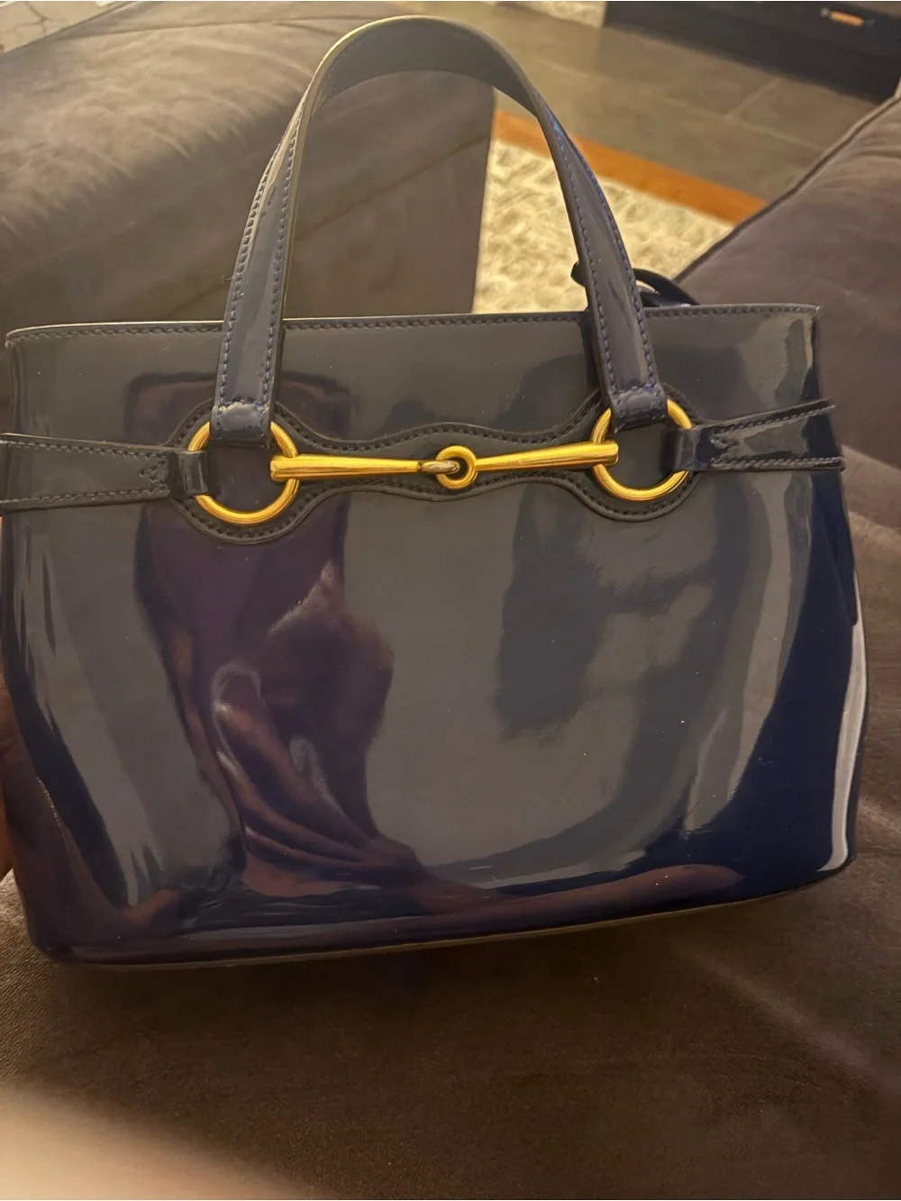 Gucci Classic Patent Leather Horsebit Bag with Gold Hardware - Navy
